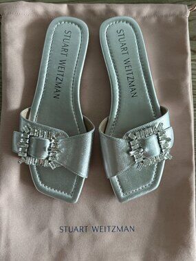 Stuart Weitzman Silver Metallic Shine Buckle Slide Sandals Size 38 Fits Small